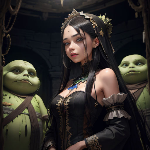a woman dressed in a costume standing next to two green dolls in a dark room with a light on