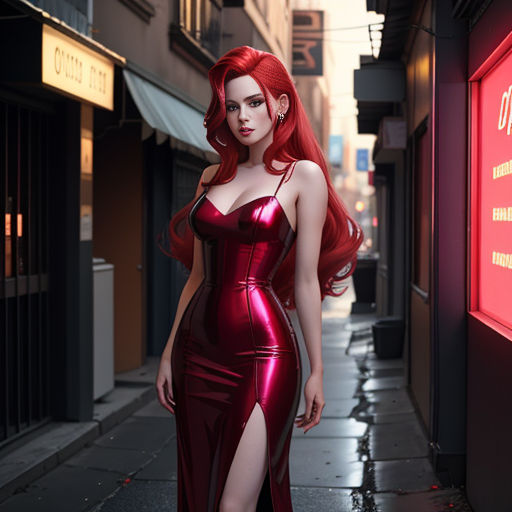 a woman in a red dress is standing on a sidewalk in a city street with a red neon sign