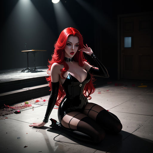 a woman in a black corset sitting on the floor in a dark room with a spotlight on her