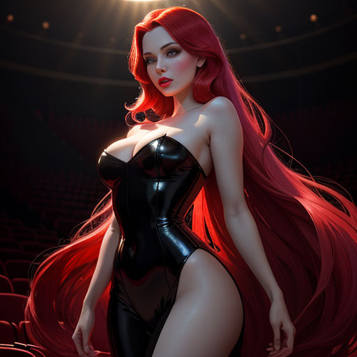 a woman in a black dress with red hair and a red wig is standing in a theater auditorium with a spotlight