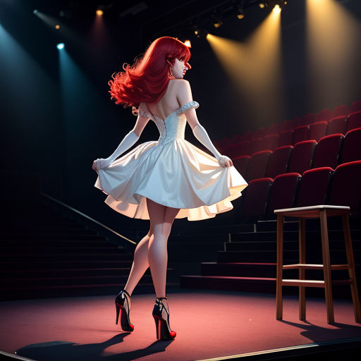 a woman in a white dress is standing on a stage with a stool and a chair behind her, with a spotlight behind her