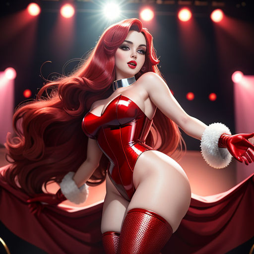 a woman in a red costume is posing on a stage with a spotlight behind her and a red hair