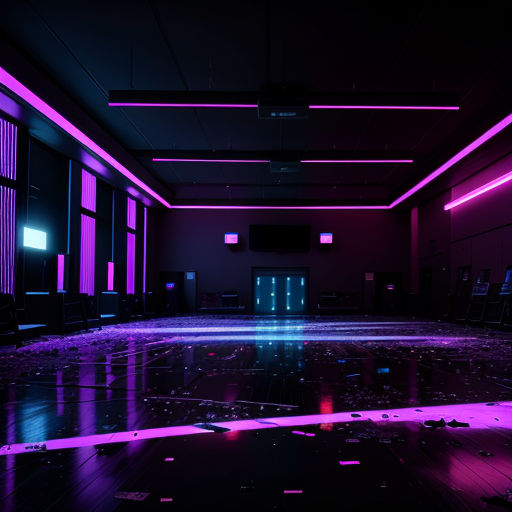 a room with a floor that has a lot of mirrors on it and a door that is open and purple lights are shining