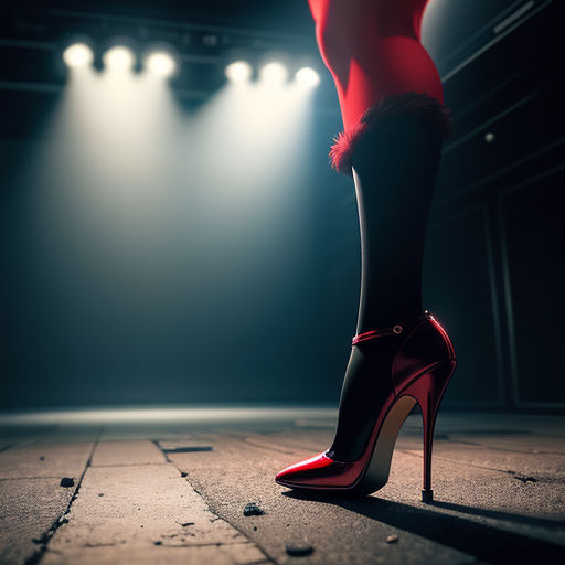 a woman in high heels standing on a stage with spotlights on the floor and a spotlight behind her