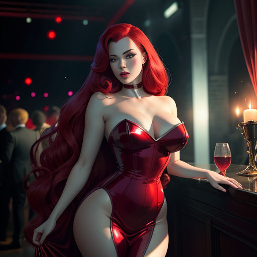 a woman in a red dress standing next to a bar with a candle in it and a glass of wine