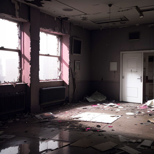 a room with a lot of debris on the floor and a door in the middle of the room with a window