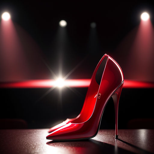 a pair of red high heels on a table with spotlights in the background and a red carpet in the foreground