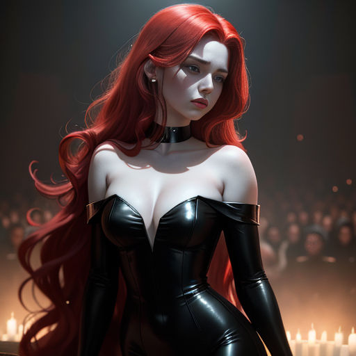 a woman in a black latex outfit with red hair and a choker on her neck and a candle lit room in the background