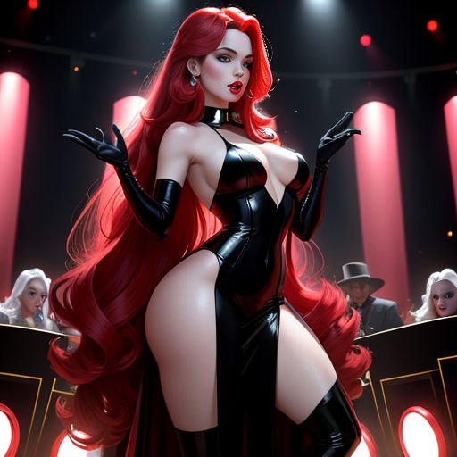 a woman in a black and red outfit with long red hair and a microphone in front of a stage