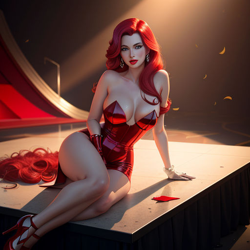 a woman in a red dress sitting on a table with a red umbrella behind her and a red umbrella behind her