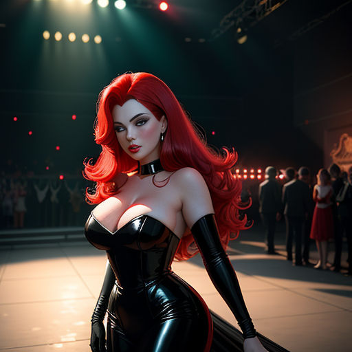 a woman in a black latex outfit posing for a picture in a dark room with people in the background