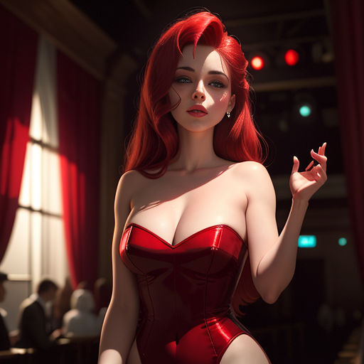 a woman in a red corset poses for a picture in a room with red curtains and a red curtain