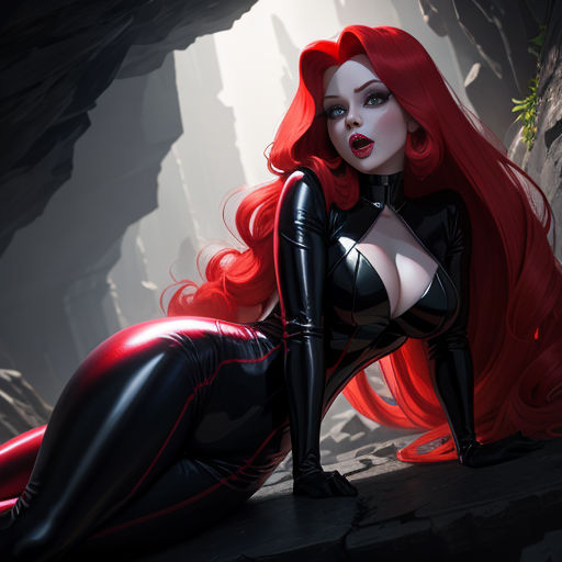 a woman with red hair and black catsuits is sitting on a rock in a cave with a red hair