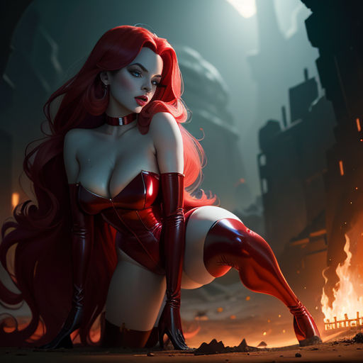 a woman in a red cosplay sitting on a fire pit with her legs crossed and her hands on her hips