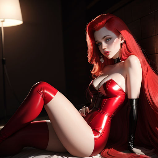 a woman in a red latex outfit sitting on a bed with her legs crossed and her legs crossed