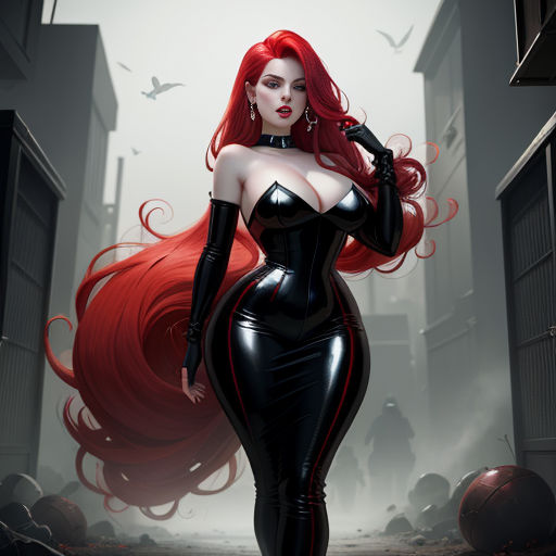 a woman in a black latex outfit with red hair and a bird on her shoulder, standing in a hallway