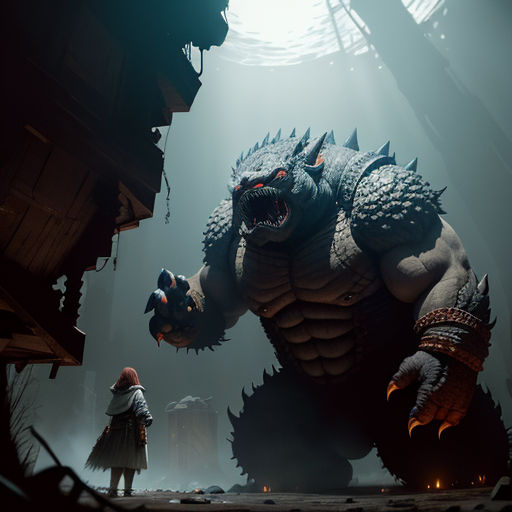 a giant monster with a person standing next to it in a dark room with a light shining on it