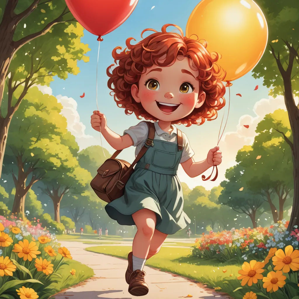 a girl with red hair running with two balloons in her hand and a purse on her shoulder, in a park, fantasy art, a storybook illustration, Chris Rallis, trending on art station