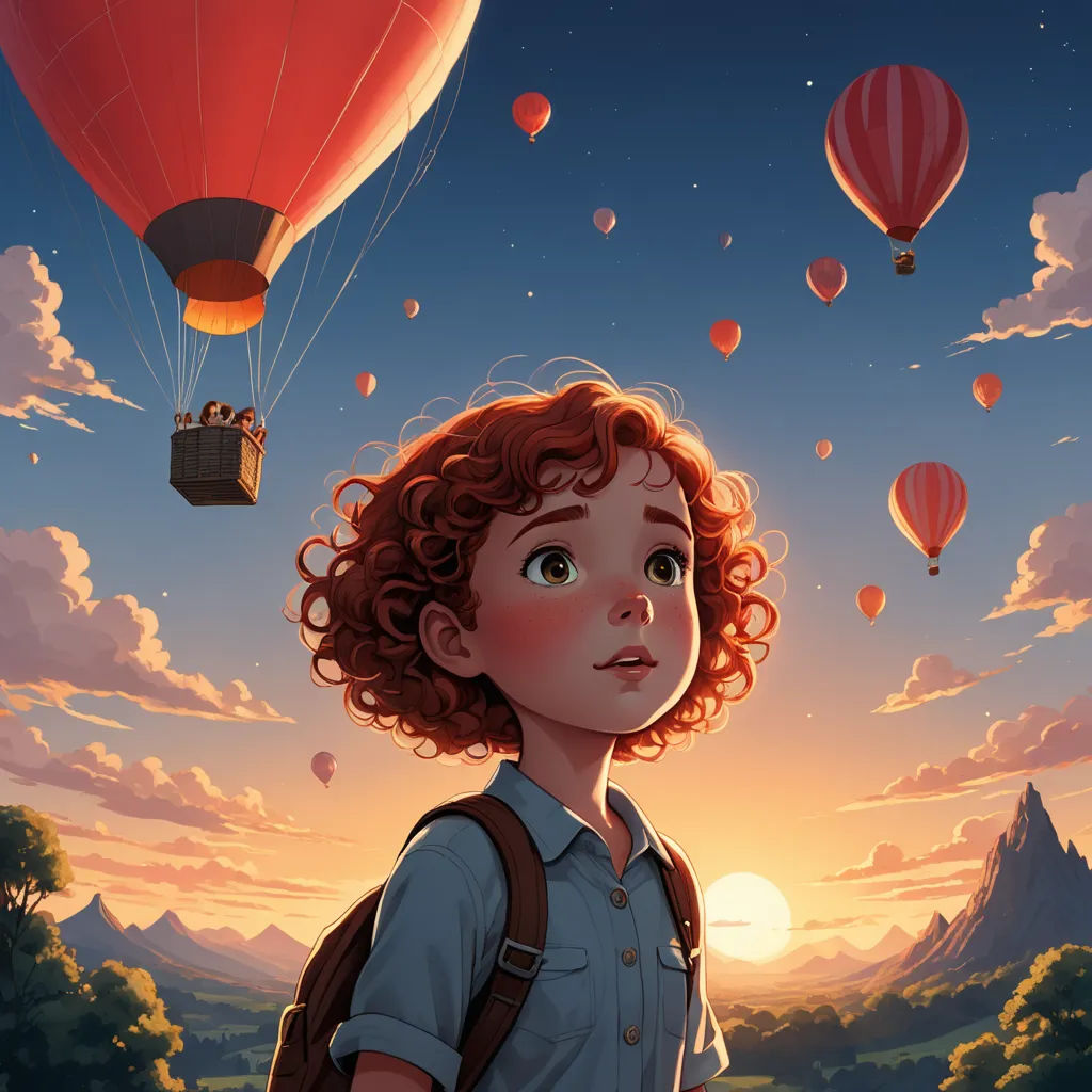 a girl with red hair is looking up at a hot air balloon in the sky above her head and a mountain range in the background, fantasy art, a storybook illustration, Aaron Jasinski, rossdraws global illumination