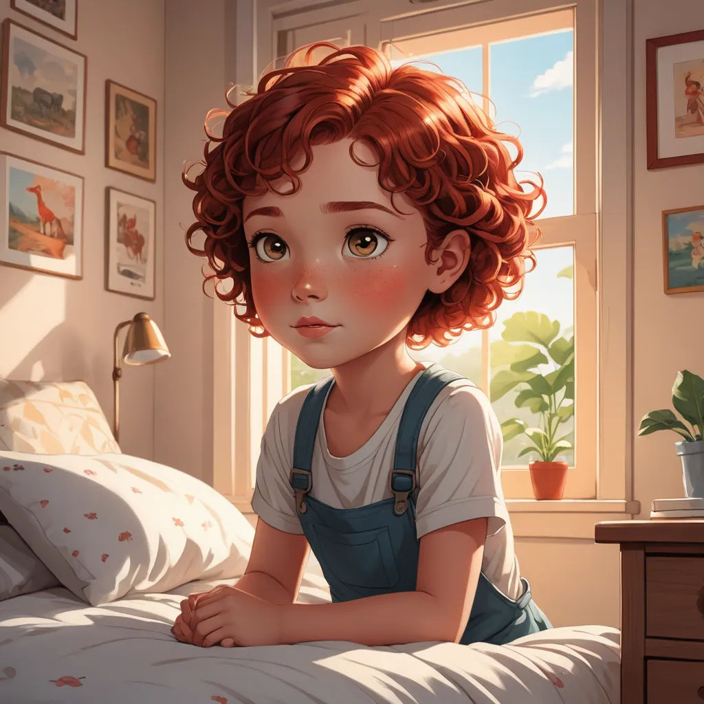 a painting of a girl sitting on a bed with a window in the background and a plant in the foreground, photorealism, a storybook illustration, Alejandro Burdisio, trending on art station