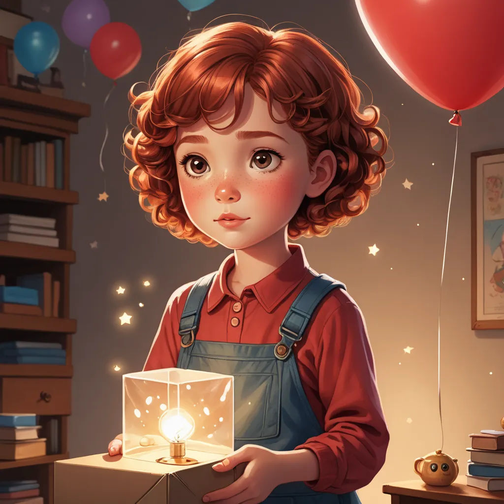 a painting of a girl holding a box with a candle inside of it and a balloon floating above her, magic realism, a storybook illustration, Arthur Pan, trending on art station