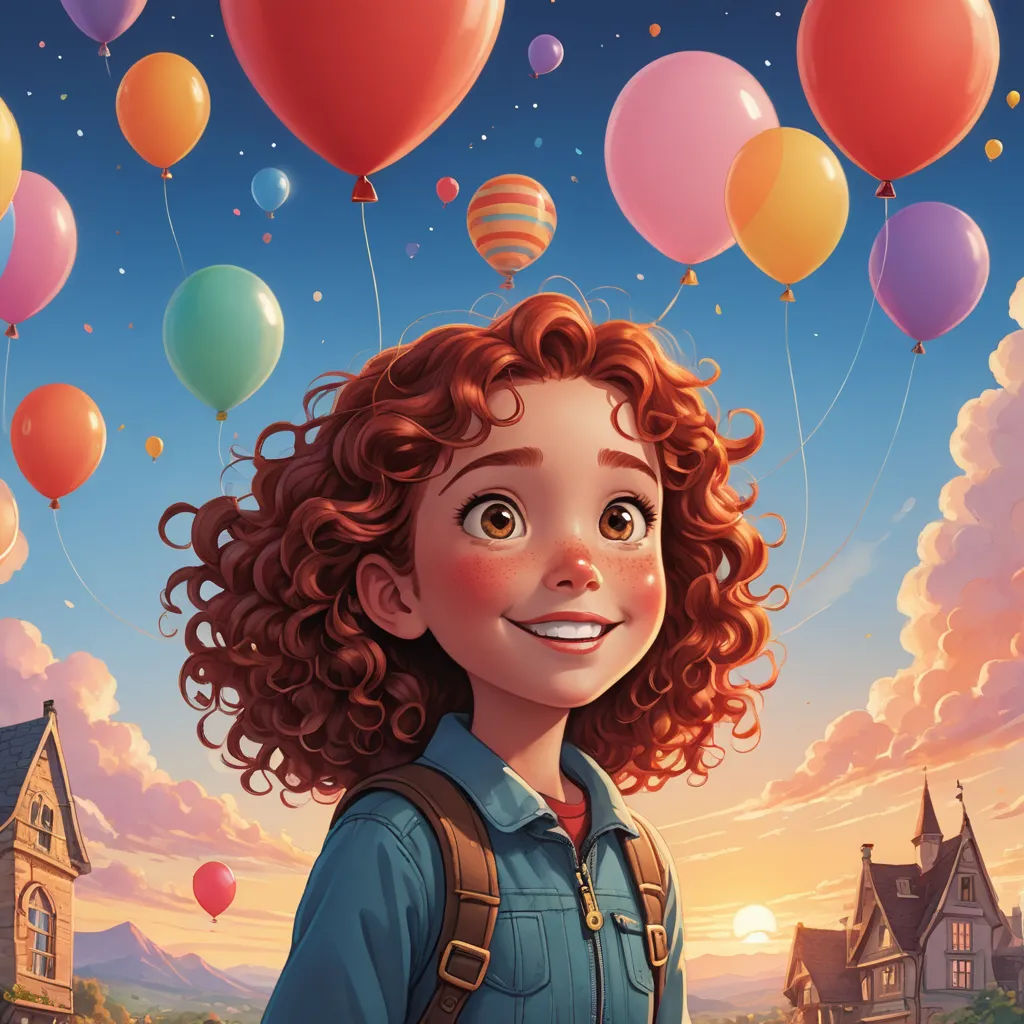 a cartoon girl with red hair and a backpack standing in front of a house with balloons floating above her, magic realism, a storybook illustration, Alejandro Burdisio, cgstudio