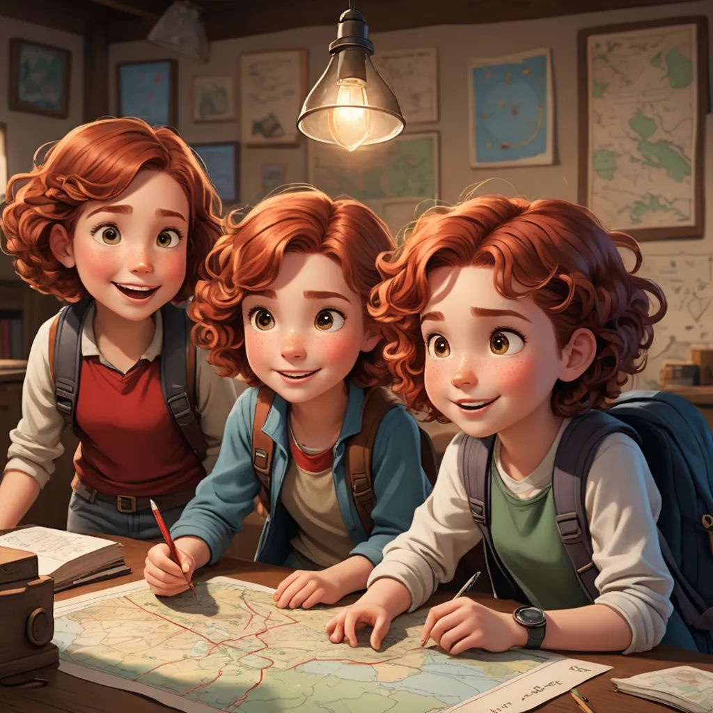 three children are looking at a map and smiling at the camera while sitting at a table with a lamp, academic art, concept art, Diego Gisbert Llorens, cgstudio