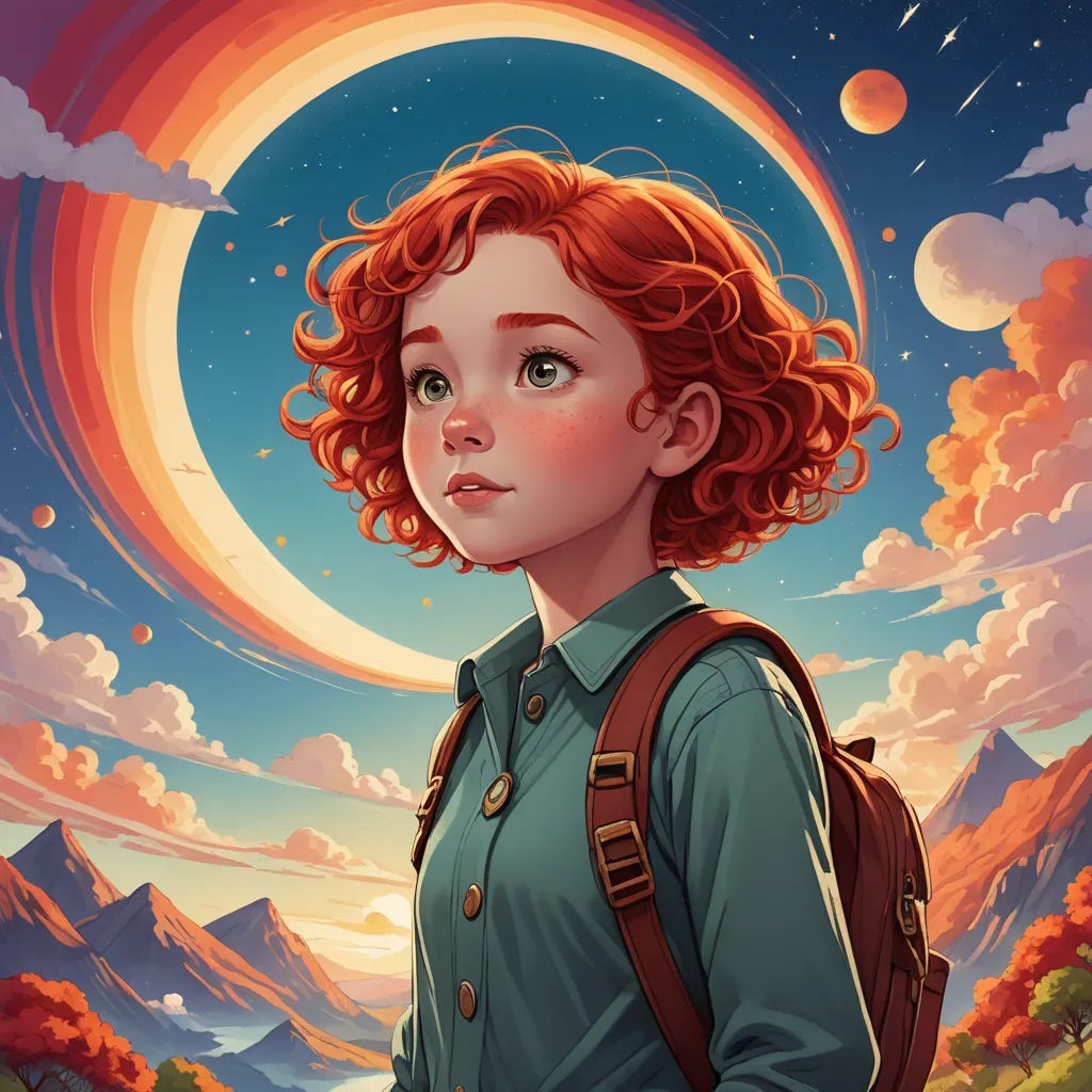 a painting of a girl with red hair and a backpack on her shoulder, looking at the sky with a bright orange sun in the background, space art, a detailed painting, Aaron Jasinski, rossdraws global illumination