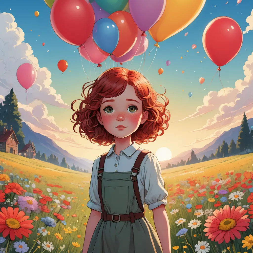 a girl with red hair and a dress standing in a field with balloons above her head and a house in the background, pop surrealism, a storybook illustration, Cyril Rolando, trending on art station