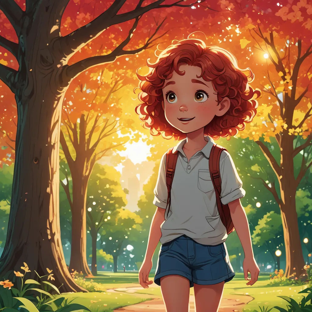 a girl with red hair is walking through a park with trees and leaves on the ground and a path, magic realism, a storybook illustration, Diego Gisbert Llorens, rossdraws global illumination