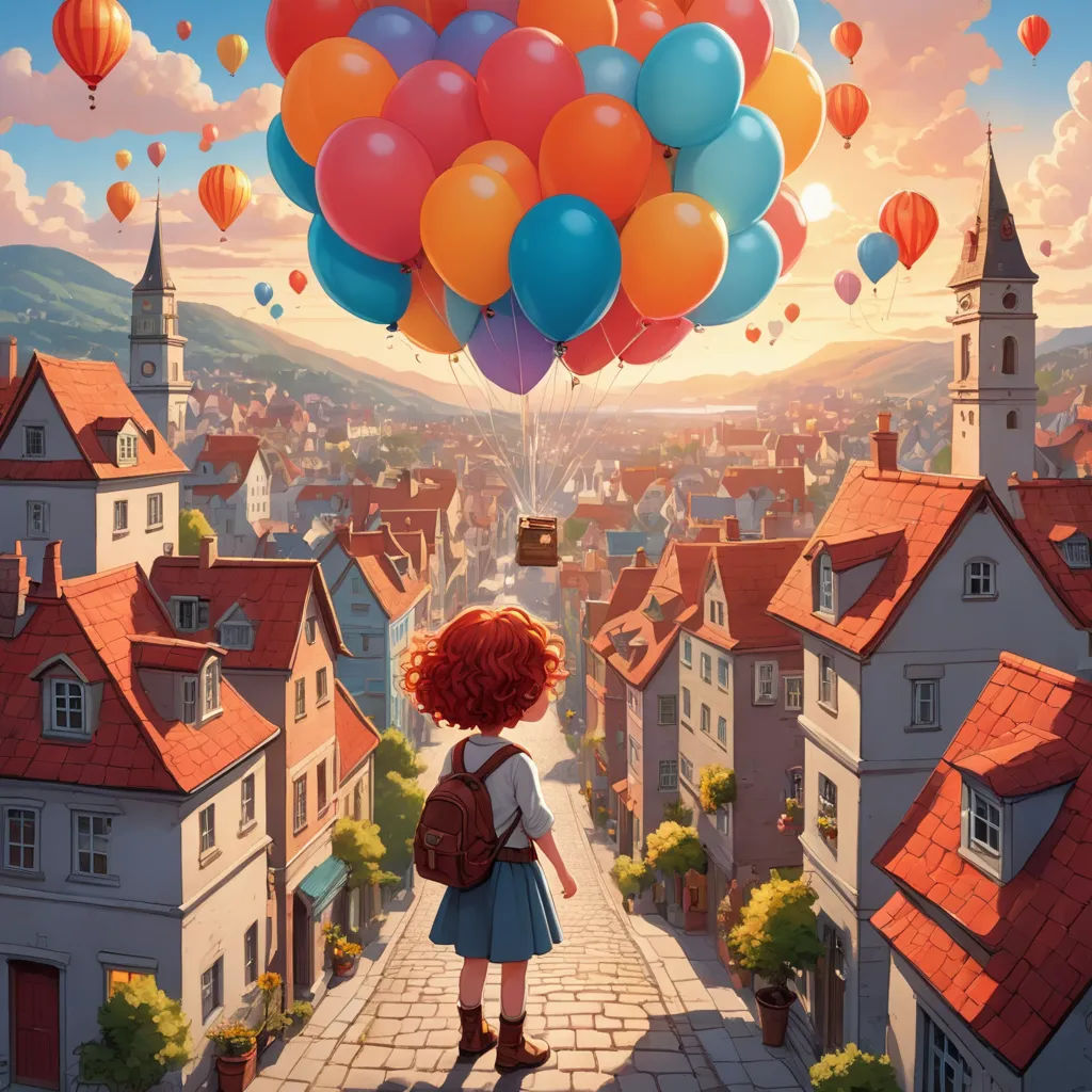 a girl with a backpack and a bunch of balloons flying over a town with a red roof and a red - haired girl with a backpack, magical realism, a storybook illustration, Chris LaBrooy, rossdraws global illumination