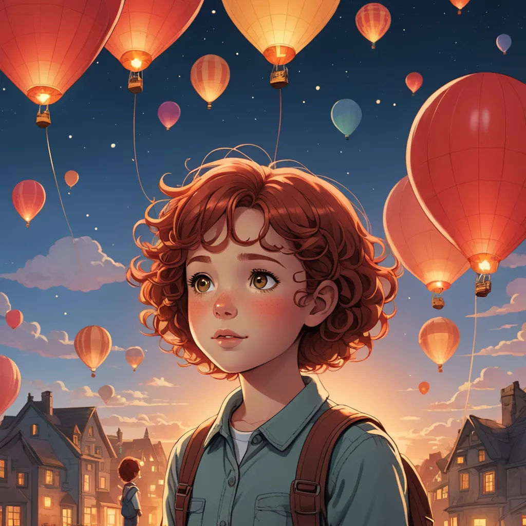 a young boy with red hair standing in front of a city with balloons flying above him and a girl standing in front of him, magic realism, a storybook illustration, Alejandro Burdisio, trending on art station