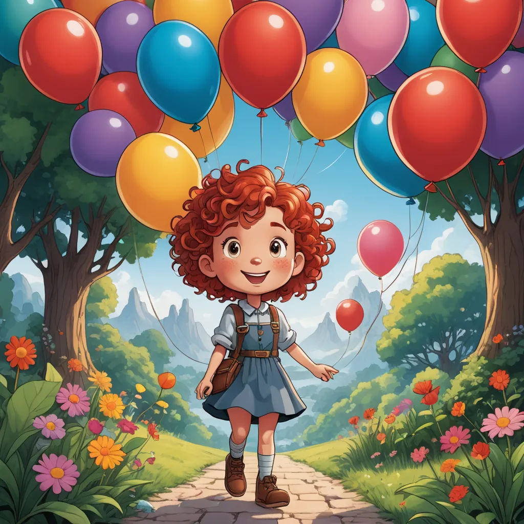 a girl with red hair holding balloons in a park illustration by alex krapfke for the children's book, fantasy art, a storybook illustration, Diego Gisbert Llorens, storybook illustration