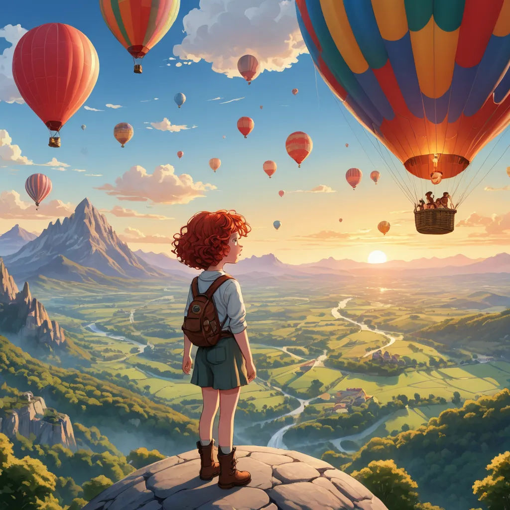 a girl standing on a rock looking at hot air balloons in the sky above a valley with a river, magic realism, a storybook illustration, Cliff Childs, storybook illustration