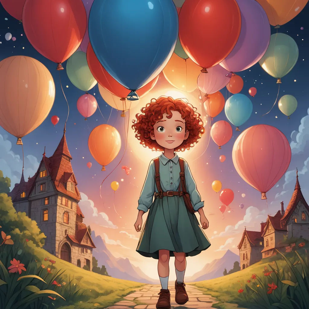 a girl standing in front of a bunch of balloons in the sky with a castle in the background and a sky with clouds, magical realism, a storybook illustration, Diego Gisbert Llorens, rossdraws global illumination