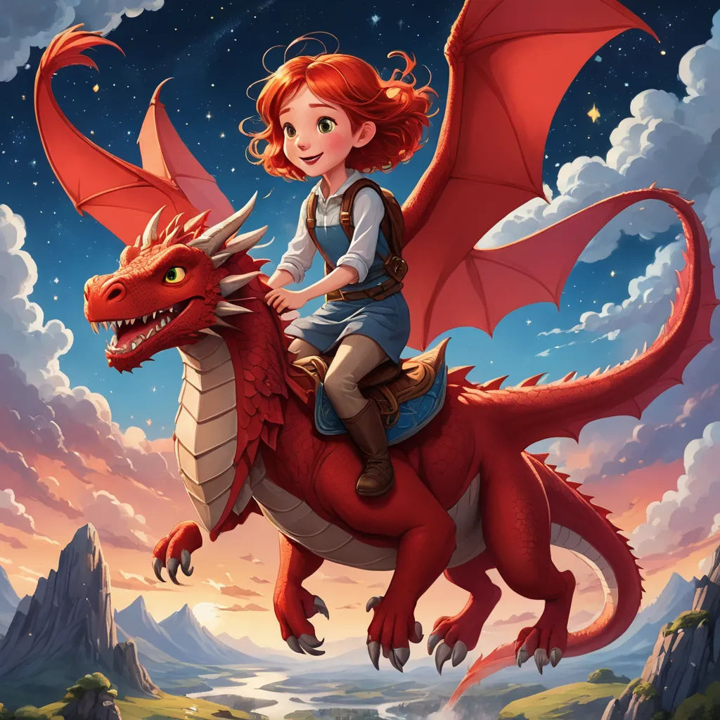 a little girl riding on the back of a red dragon in a field of grass and rocks at night, fantasy art, a storybook illustration, Cliff Childs, dragon art