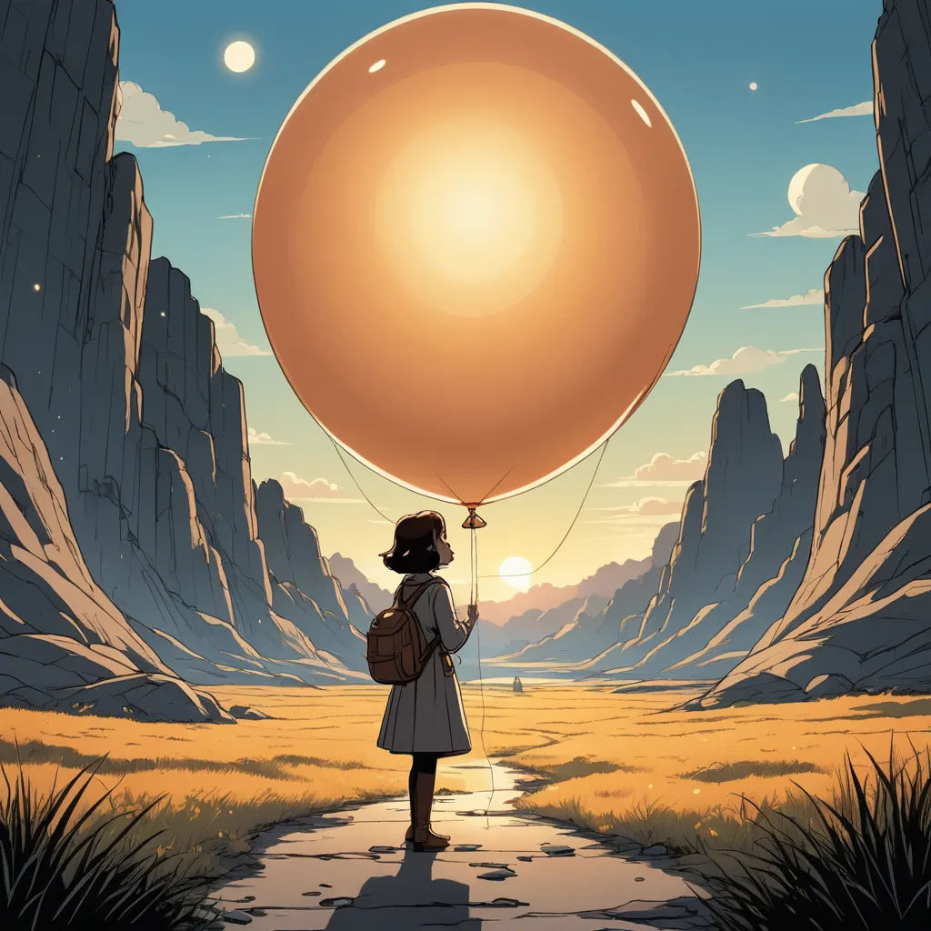 a girl holding a balloon in the desert with a sky background and a mountain range in the background, with a sun shining, space art, poster art, Atey Ghailan, rossdraws global illumination