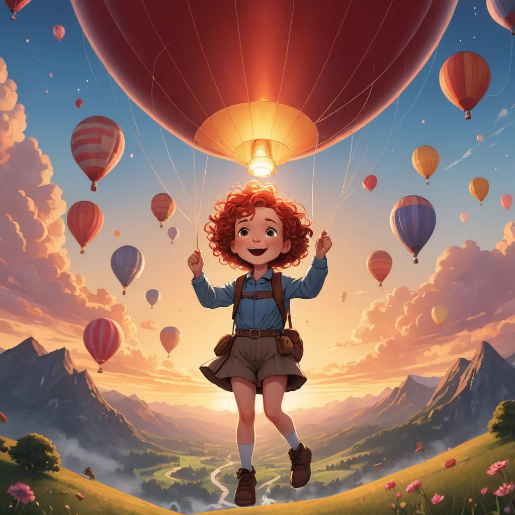 a girl flying in a hot air balloon with a sky background and mountains in the background, with a sky full of balloons, magic realism, a storybook illustration, Aaron Jasinski, rossdraws global illumination