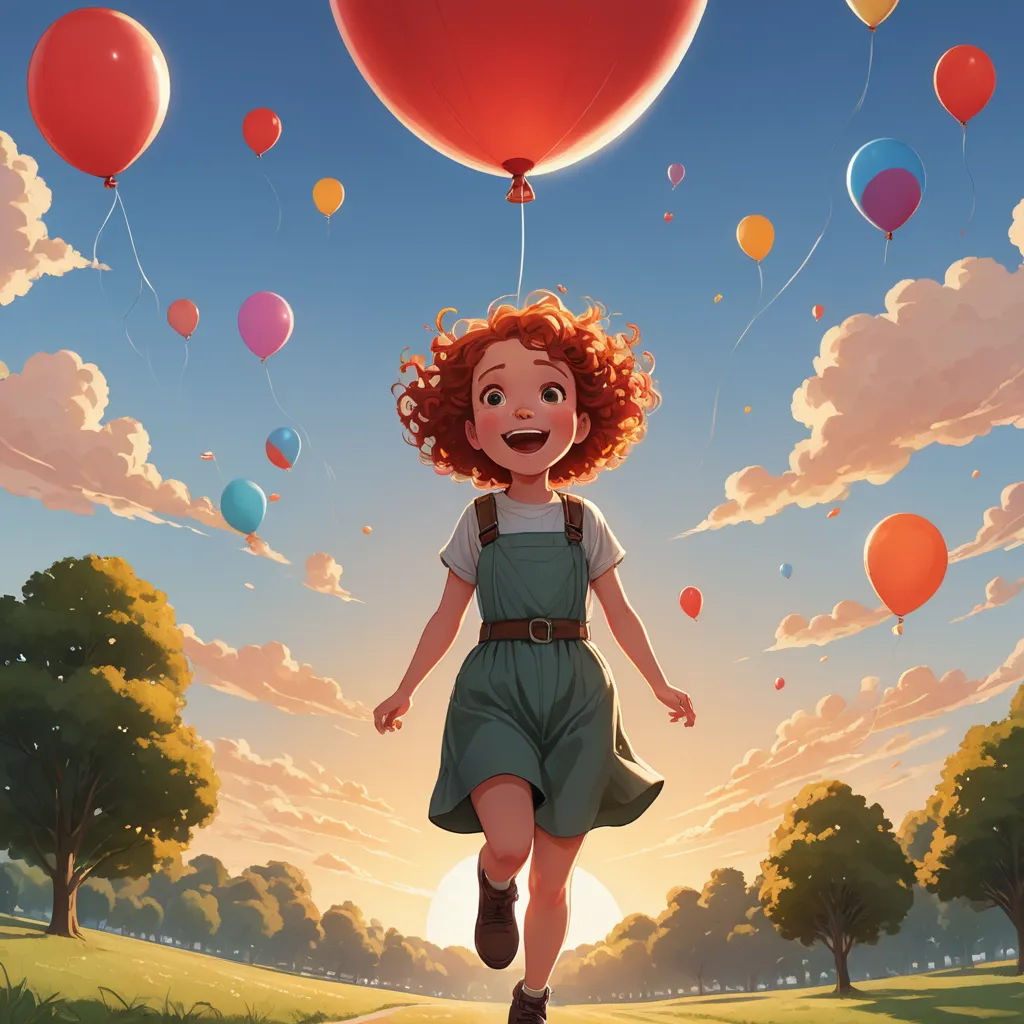 a girl with red hair is flying in the air with balloons above her head and a field of grass and trees, magic realism, a storybook illustration, Aaron Jasinski, official art