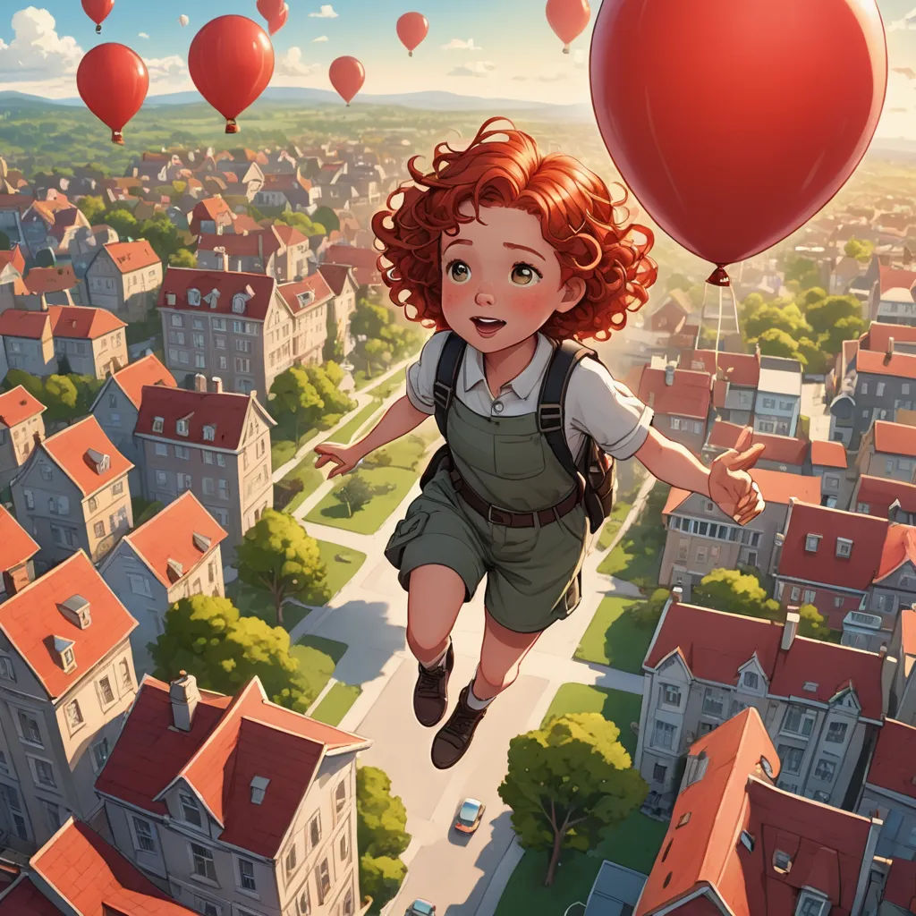 a girl flying through the air with a red balloon above her head and a city below her head, with a red heart floating above her head, magical realism, a storybook illustration, Chris LaBrooy, rossdraws global illumination