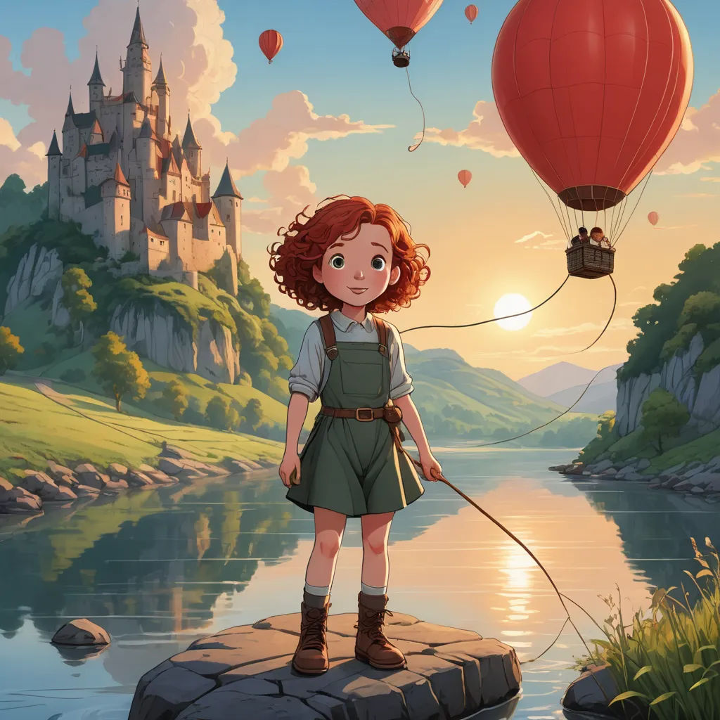a girl with a leash standing on a rock near a lake and a castle with hot air balloons flying above, fantasy art, a storybook illustration, Cliff Childs, official art