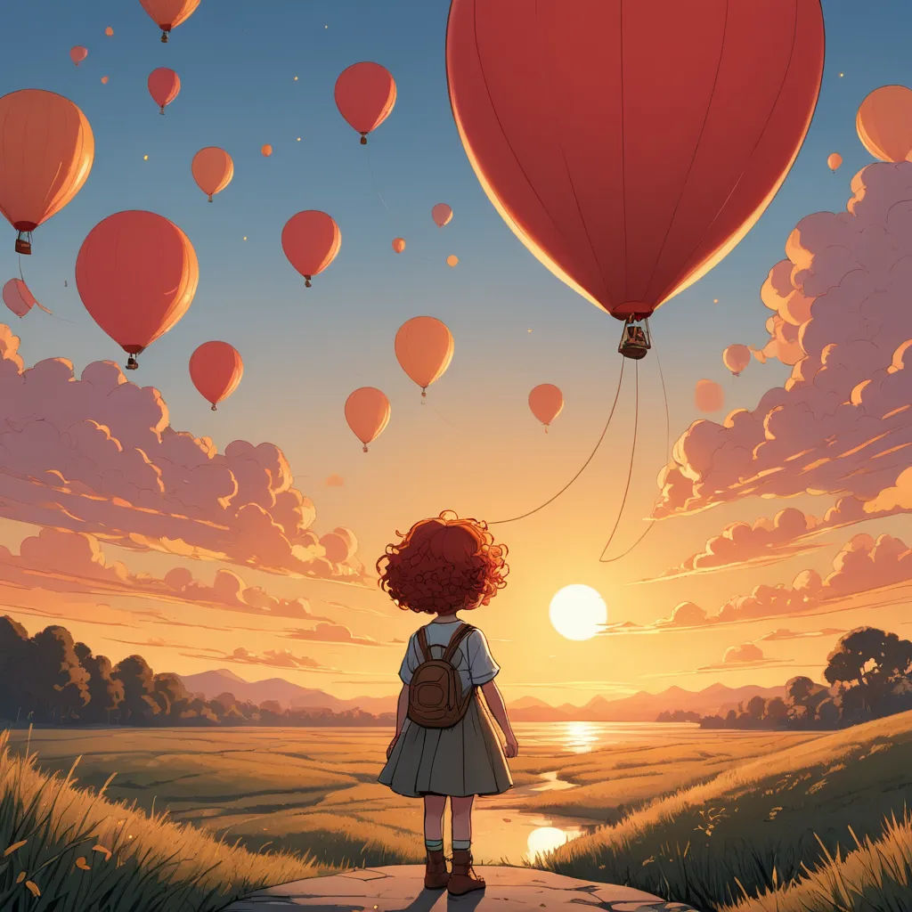 a girl is looking at a bunch of balloons flying in the sky over a field at sunset with a red balloon, magic realism, a storybook illustration, Chris LaBrooy, rossdraws global illumination