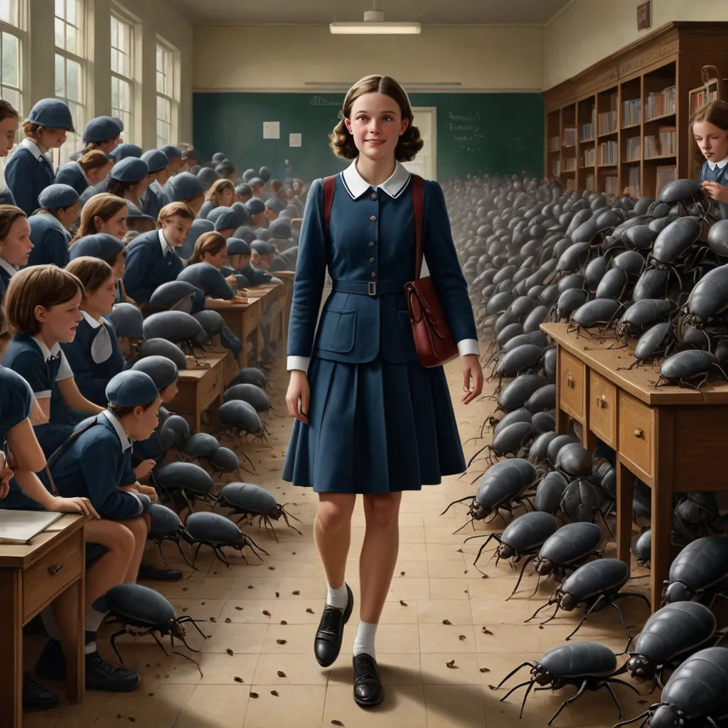 a woman in a blue dress and a bunch of black bugs in a classroom with a girl in a red purse, fantastic realism, a detailed painting, Brad Kunkle, highly detailed digital painting