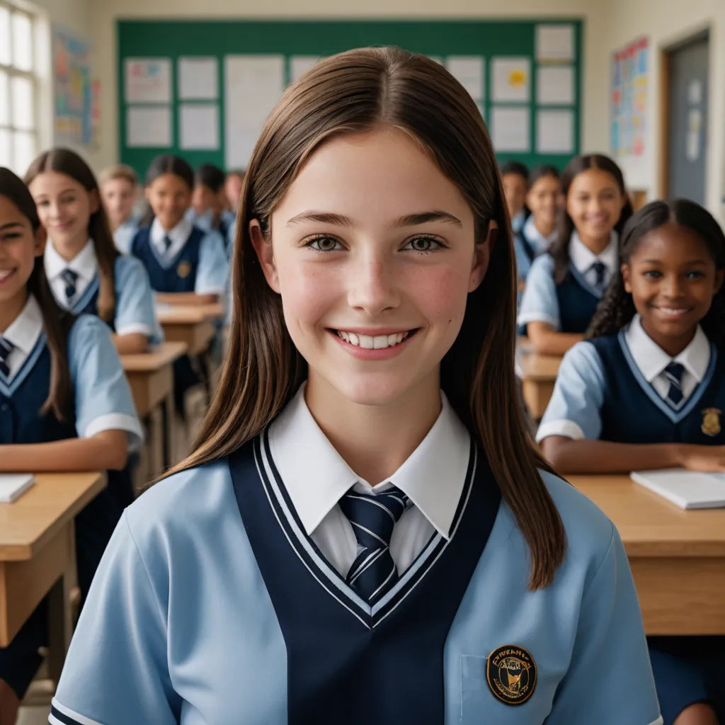 a girl in a school uniform smiling for the camera with other girls in the background in a classroom with desks, heidelberg school, a stock photo, Claire Falkenstein, promotional image