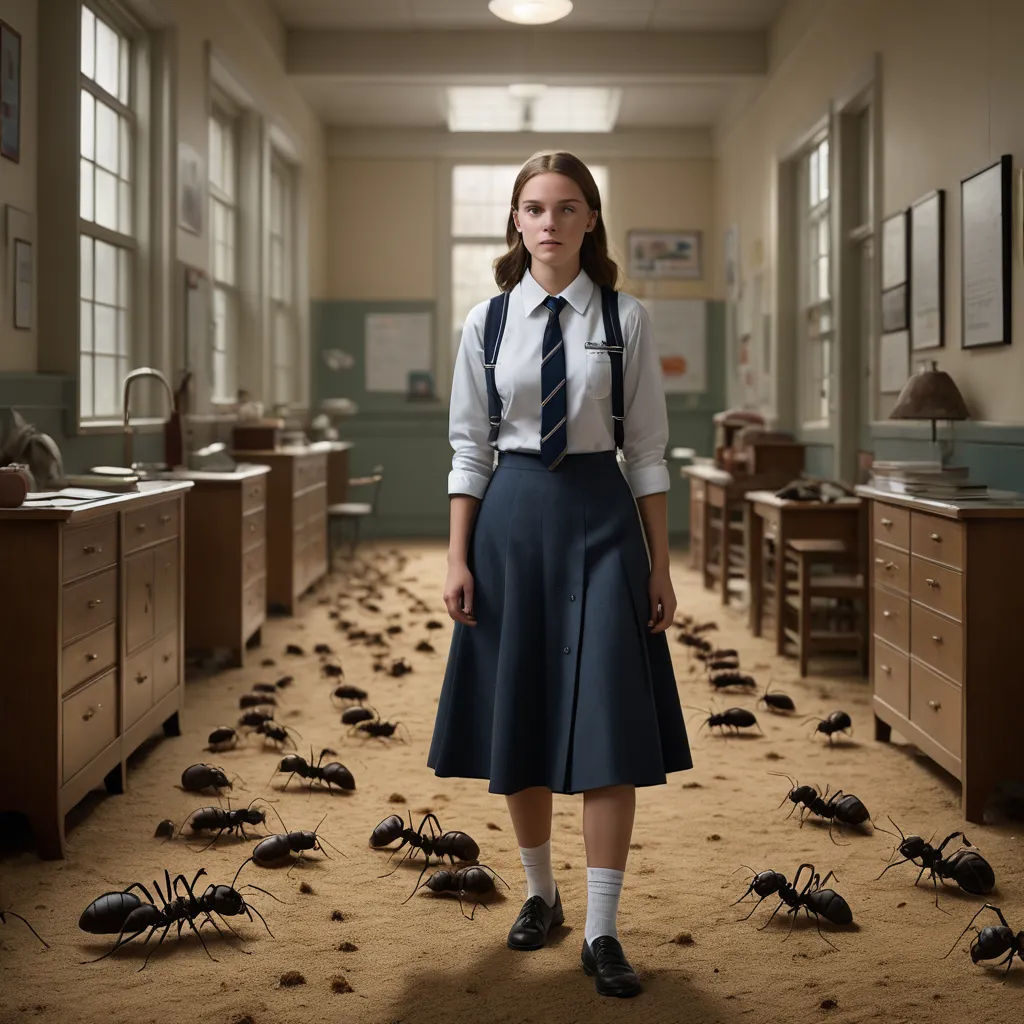 a woman standing in a room full of bugs on the floor and a lot of them crawling on the floor, visual art, poster art, Dirk Crabeth, promotional image