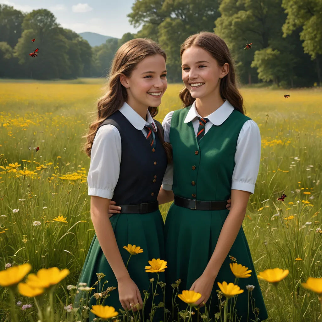 two girls in green dresses standing in a field of flowers and butterflies, with trees in the background and a blue sky, danube school, a poster, Christian Hilfgott Brand, promotional image