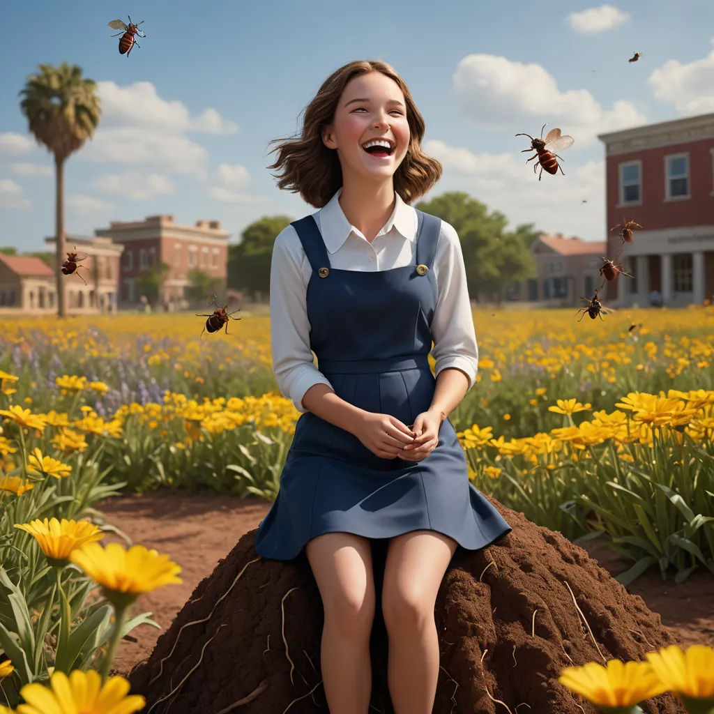 a woman sitting on a mound of dirt in a field of flowers with bees flying around her and a building in the background, fantastic realism, a character portrait, Chris LaBrooy, promotional image