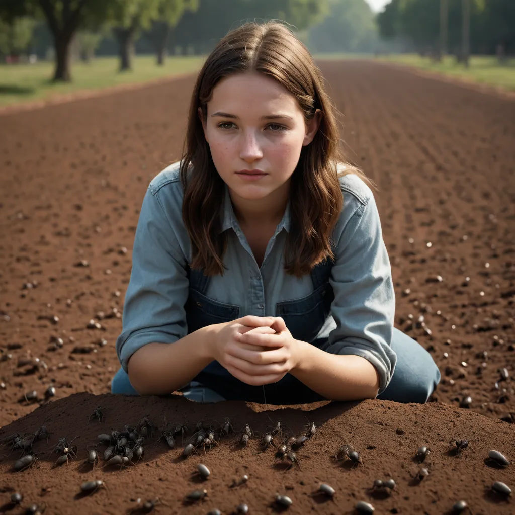 a girl sitting in the middle of a field with her hands on her knees and a lot of seed on the ground, land art, a character portrait, Elinor Proby Adams, promotional image