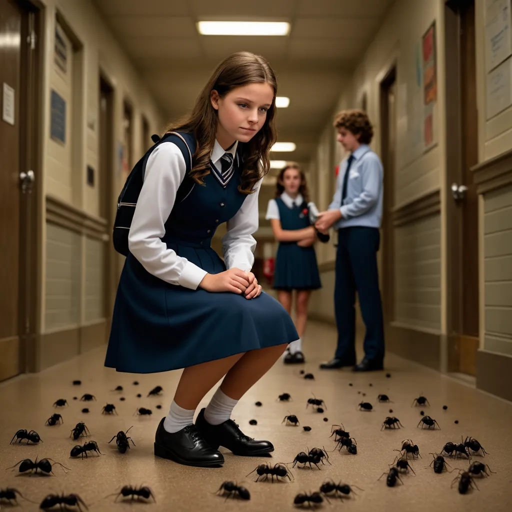 a girl in a school uniform surrounded by bugs in a hallway with two other girls in the background looking on, vancouver school, poster art, Claire Falkenstein, promotional image