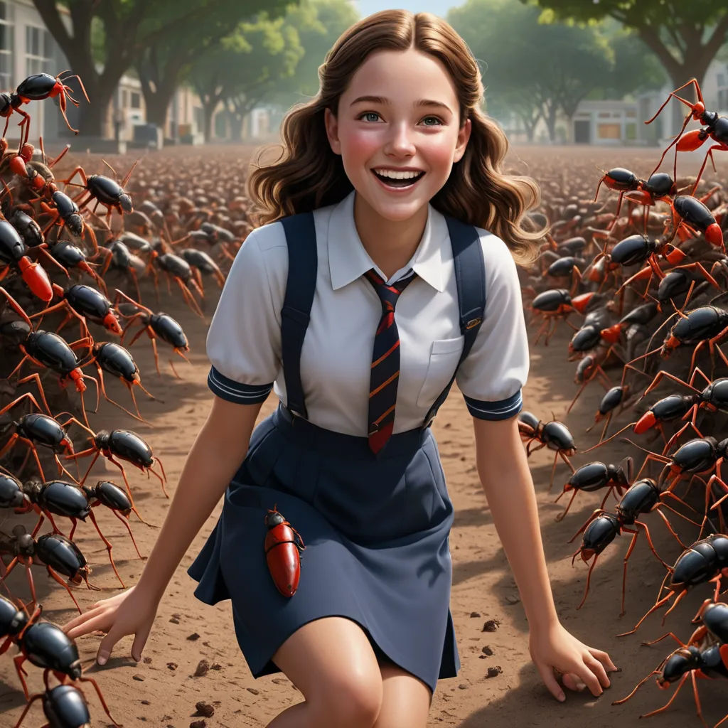a woman in a school uniform is surrounded by a group of ants in a field of grass and dirt, fantastic realism, poster art, Brad Kunkle, promotional image